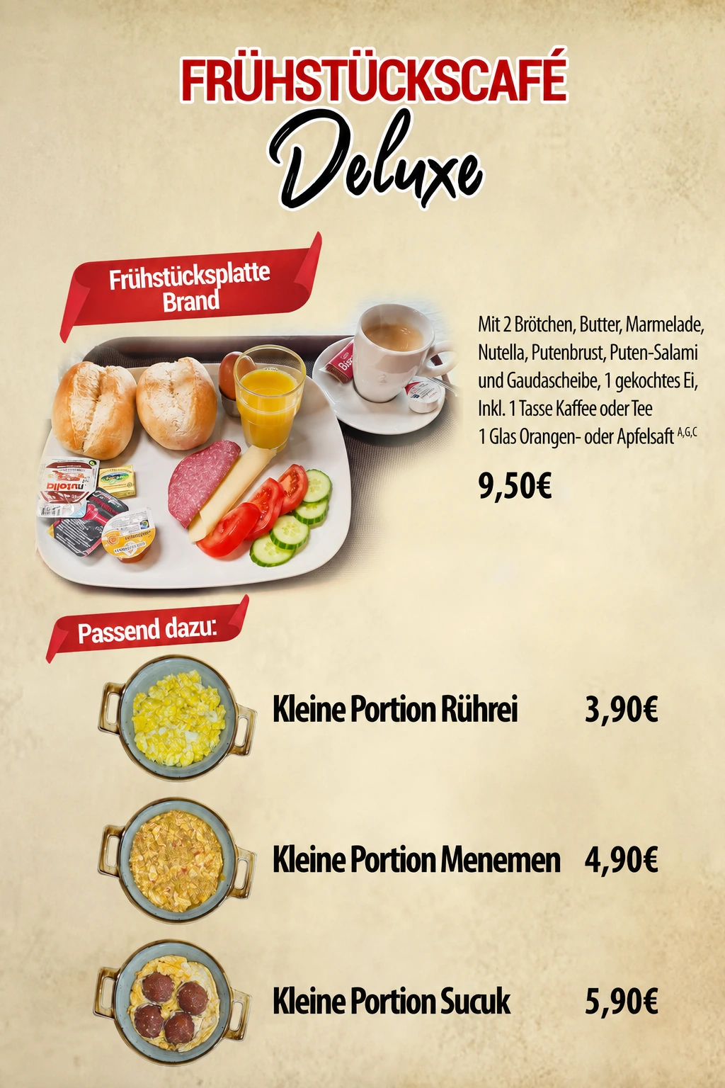 Aktualisierte Speisekartenseite mit Frühstücksplatte Brand für 9,50 Euro sowie kleinen Portionen Rührei, Menemen und Sucuk