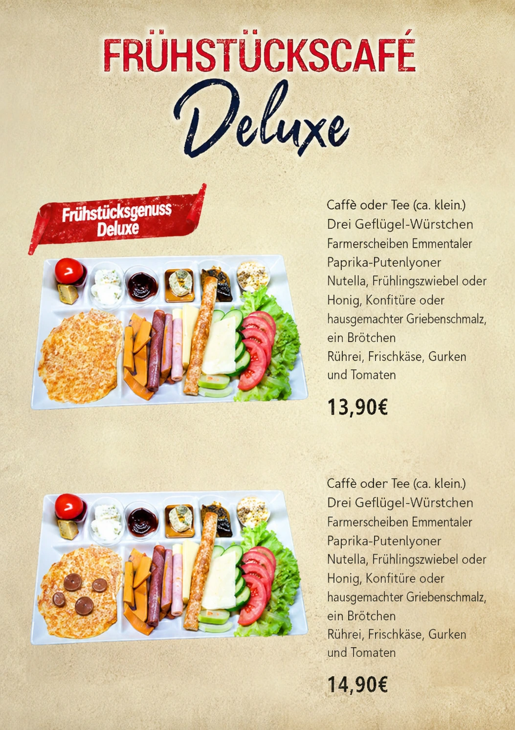 Aktualisierte Speisekartenseite Frühstücksgenuss Deluxe mit zwei Frühstücksplatten für 13,90 Euro und 14,90 Euro