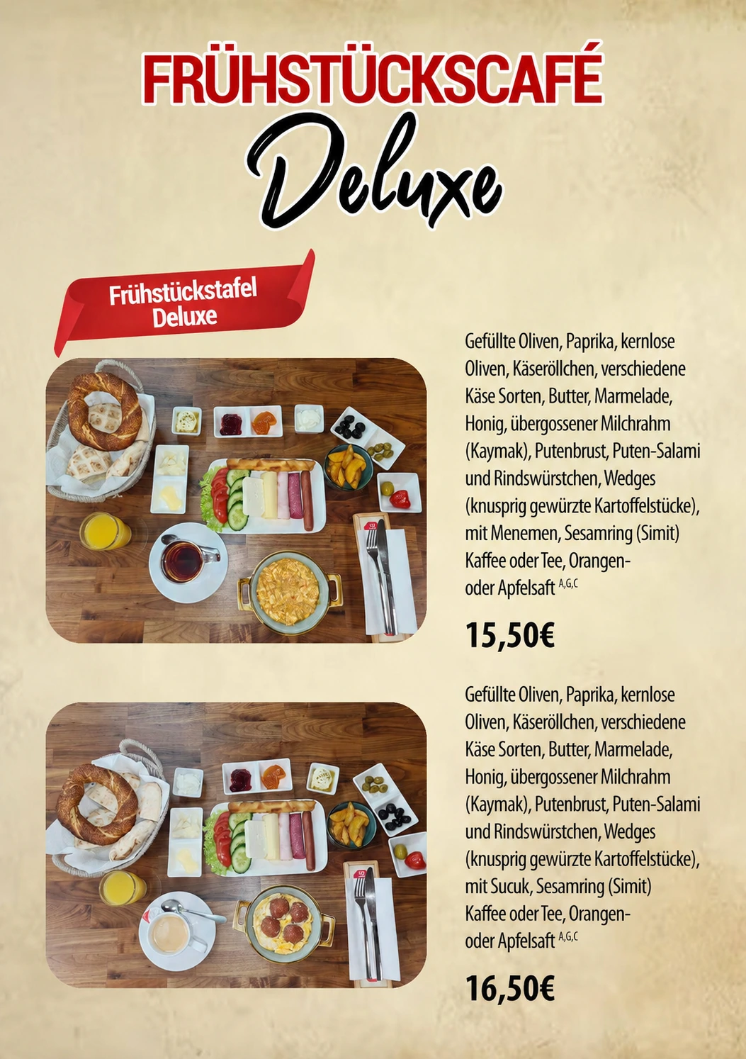 Aktualisierte Speisekartenseite mit zwei Varianten der Frühstückstafel Deluxe für 15,50 Euro und 16,50 Euro