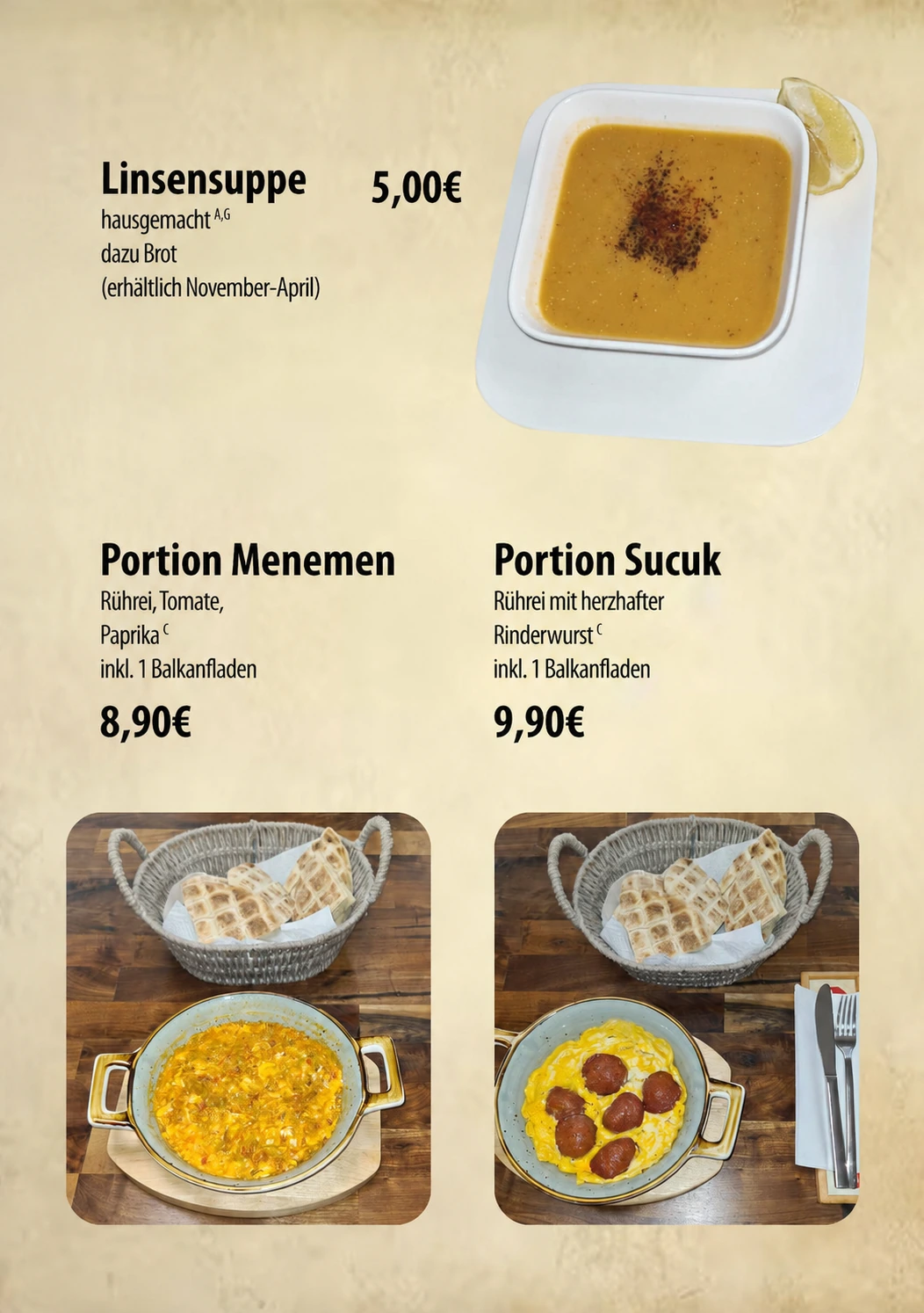 Aktualisierte Speisekartenseite mit Linsensuppe für 5 Euro, Menemen für 8,90 Euro und Sucuk für 9,90 Euro