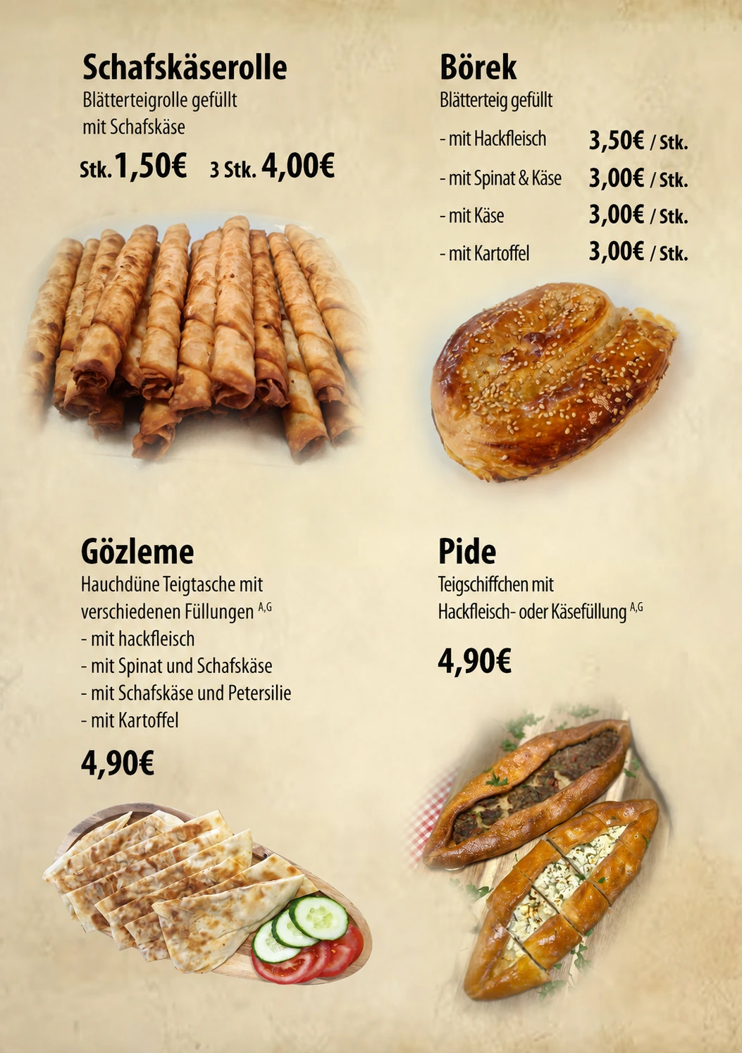Aktualisierte Speisekartenseite mit Schafskäserollen, Börek, Gözleme und Pide samt neuen Preisen