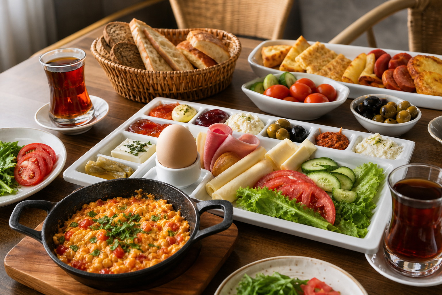 Türkischer Frühstückstisch mit Menemen, Tee, Brot, Käse, Oliven und Gemüse